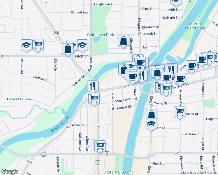 map of restaurants, bars, coffee shops, grocery stores, and more near 200 West Main Street in Welland