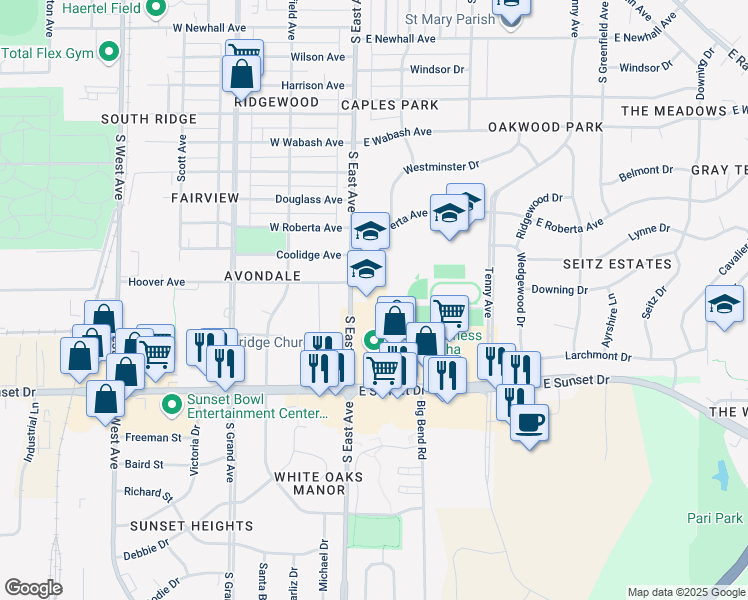 map of restaurants, bars, coffee shops, grocery stores, and more near 1205 South East Avenue in Waukesha