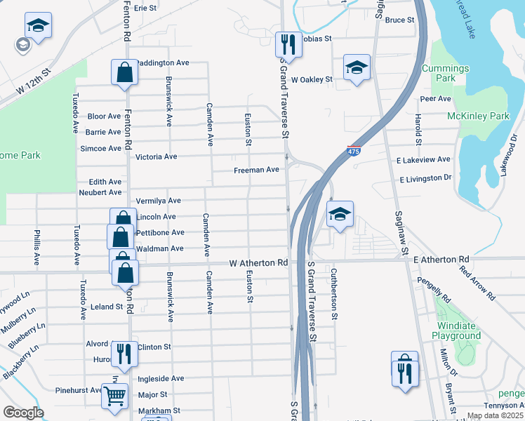 map of restaurants, bars, coffee shops, grocery stores, and more near 636 Lincoln Avenue in Flint
