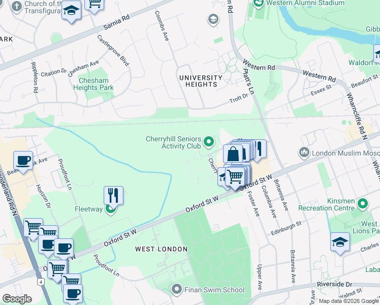 map of restaurants, bars, coffee shops, grocery stores, and more near 201 Westfield Drive in London