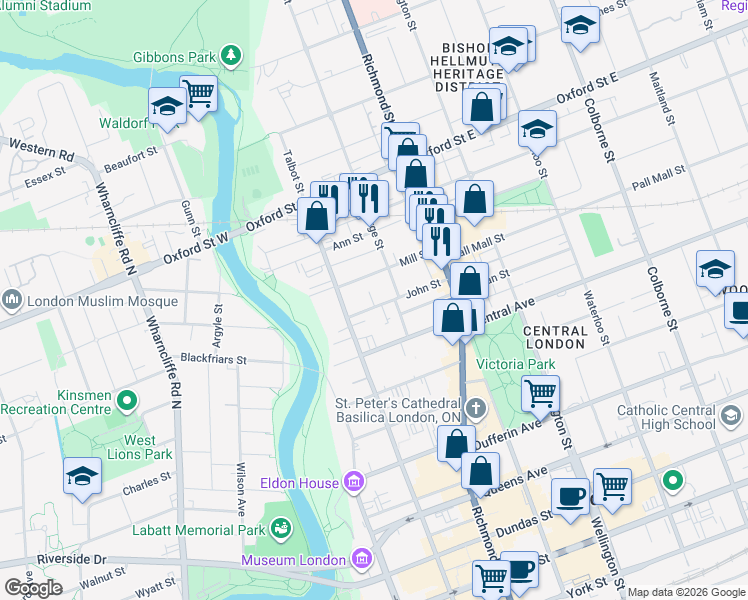 map of restaurants, bars, coffee shops, grocery stores, and more near 142 John Street in London
