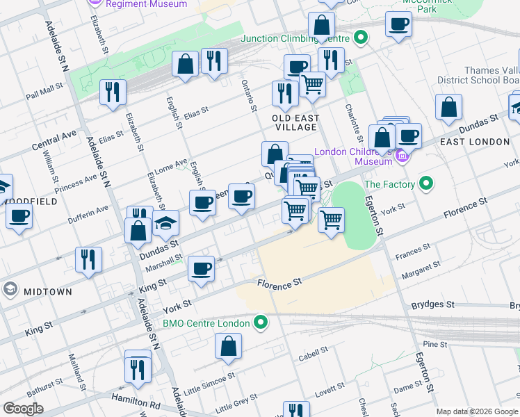 map of restaurants, bars, coffee shops, grocery stores, and more near 824 Dundas Street in London