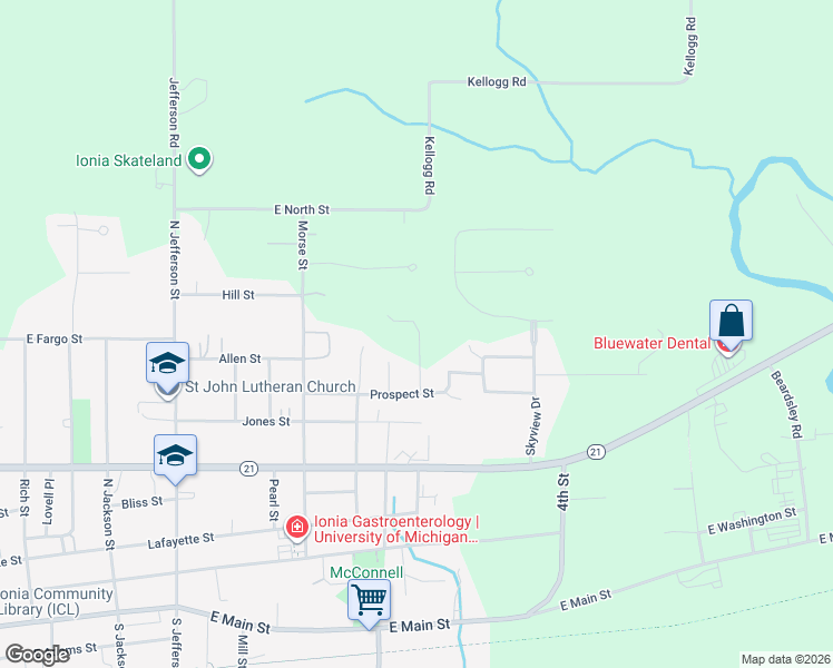 map of restaurants, bars, coffee shops, grocery stores, and more near 641 Crawford in Ionia