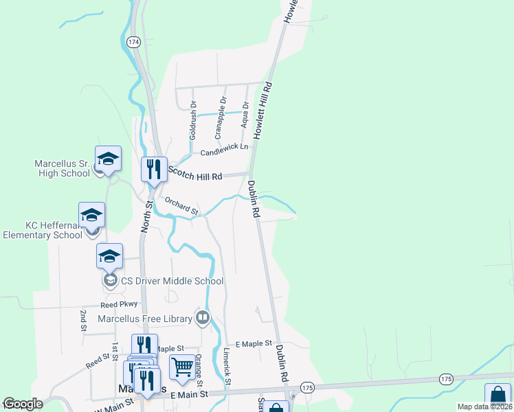 map of restaurants, bars, coffee shops, grocery stores, and more near 4550 County Road 40 in Marcellus