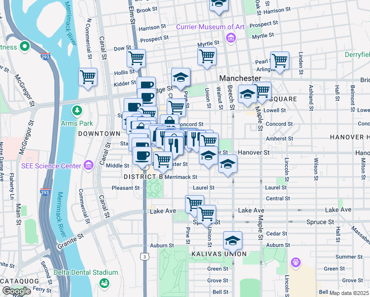 map of restaurants, bars, coffee shops, grocery stores, and more near 156 Hanover Street in Manchester