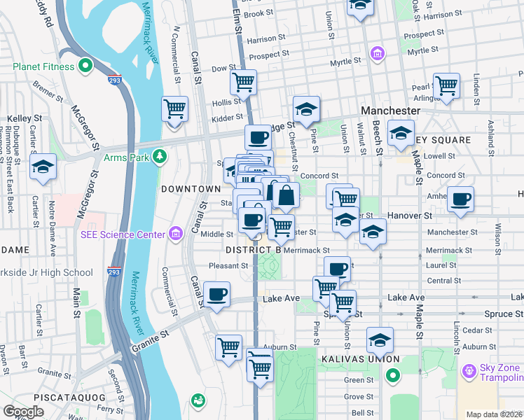 map of restaurants, bars, coffee shops, grocery stores, and more near 941 Elm Street in Manchester