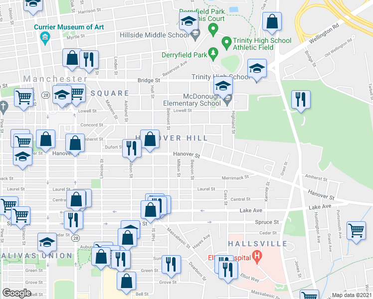 map of restaurants, bars, coffee shops, grocery stores, and more near 514 Hanover Street in Manchester