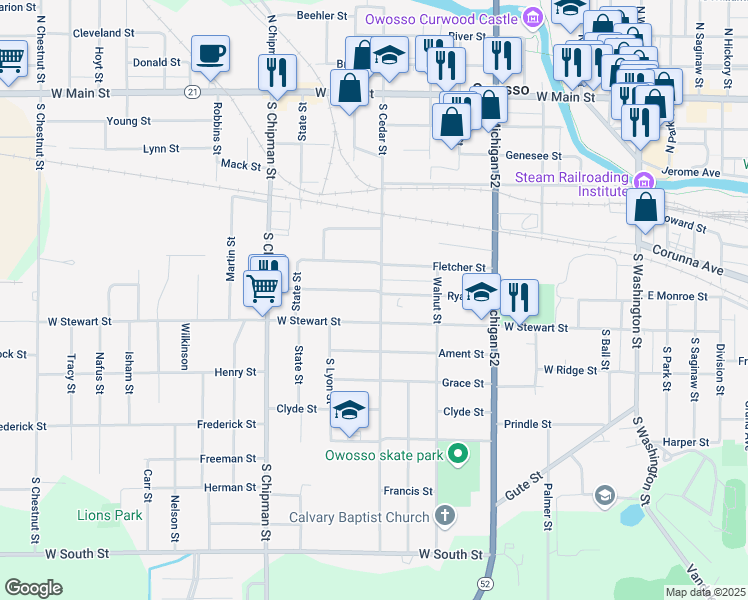 map of restaurants, bars, coffee shops, grocery stores, and more near 726 Ryan Street in Owosso