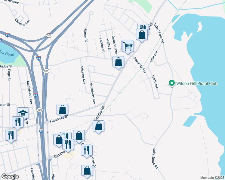 map of restaurants, bars, coffee shops, grocery stores, and more near 1328 Candia Road in Manchester