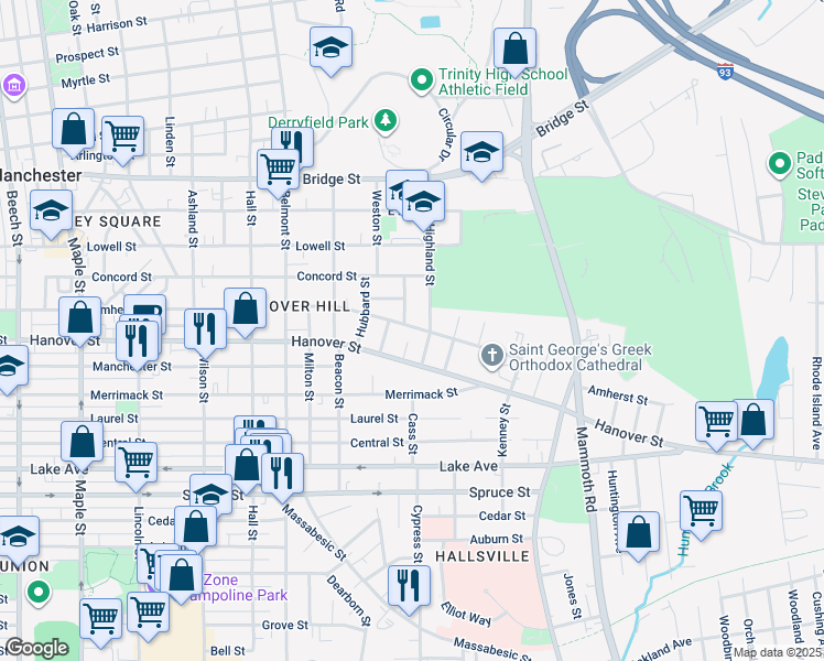 map of restaurants, bars, coffee shops, grocery stores, and more near 566 Amherst Street in Manchester