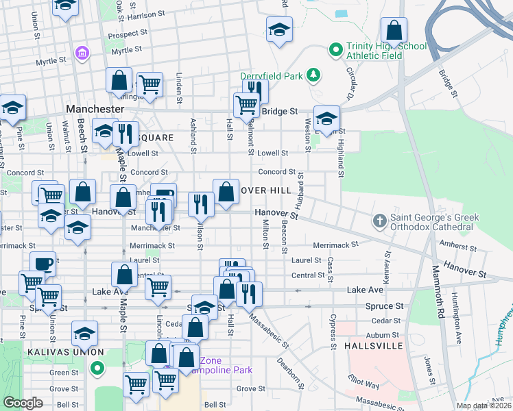 map of restaurants, bars, coffee shops, grocery stores, and more near 557 Belmont Street in Manchester