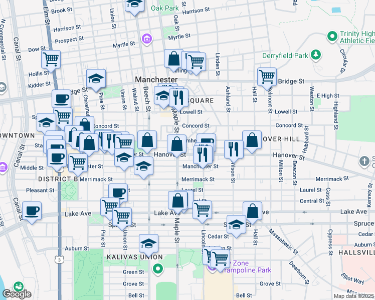 map of restaurants, bars, coffee shops, grocery stores, and more near 453 Maple Street in Manchester