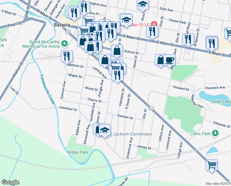 map of restaurants, bars, coffee shops, grocery stores, and more near 14 Goade Park in Batavia