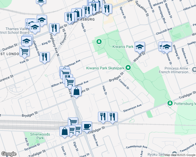 map of restaurants, bars, coffee shops, grocery stores, and more near 1366 Langmuir Avenue in London