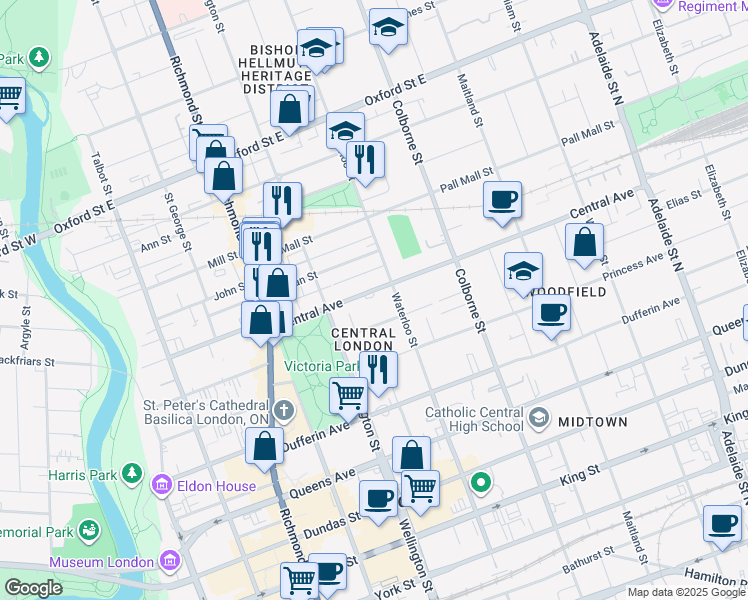 map of restaurants, bars, coffee shops, grocery stores, and more near 321 Central Avenue in London
