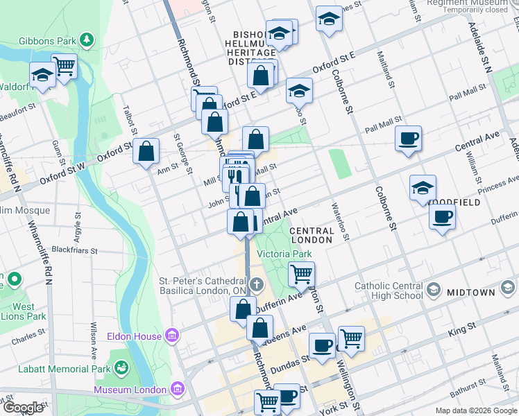 map of restaurants, bars, coffee shops, grocery stores, and more near in London