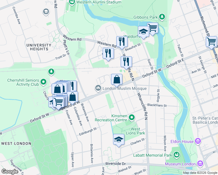 map of restaurants, bars, coffee shops, grocery stores, and more near 10 Gower Street in London