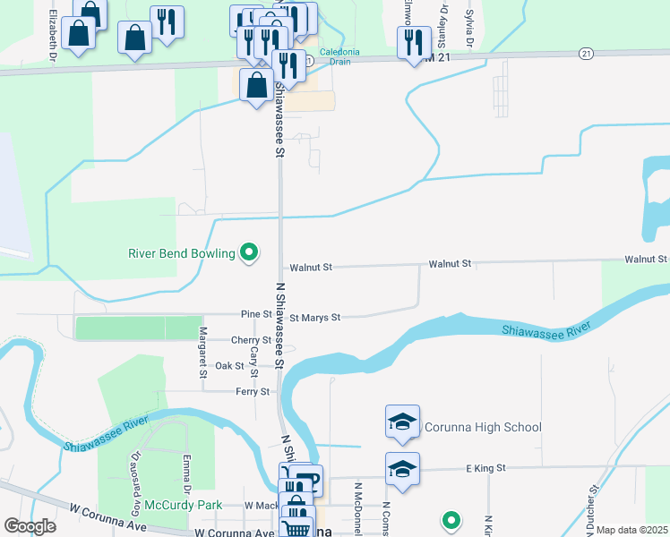 map of restaurants, bars, coffee shops, grocery stores, and more near 233 Walnut Street in Corunna