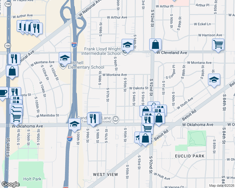 map of restaurants, bars, coffee shops, grocery stores, and more near 2906 South 96th Street in West Allis