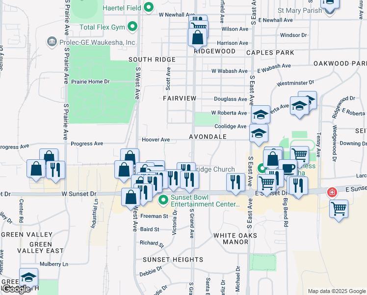 map of restaurants, bars, coffee shops, grocery stores, and more near 1212 South Grand Avenue in Waukesha