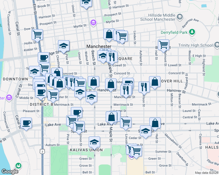 map of restaurants, bars, coffee shops, grocery stores, and more near 324 Hanover Street in Manchester