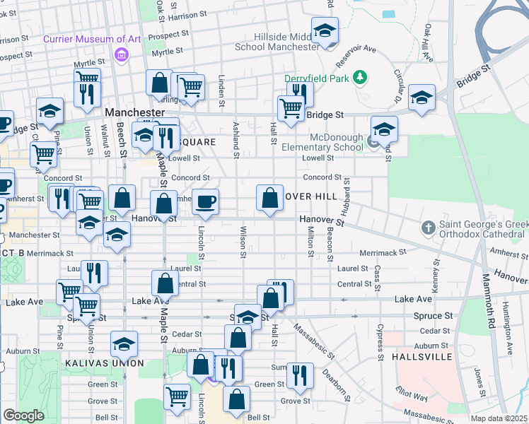 map of restaurants, bars, coffee shops, grocery stores, and more near 560 Hall Street in Manchester
