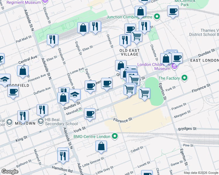 map of restaurants, bars, coffee shops, grocery stores, and more near 809 Dundas Street in London