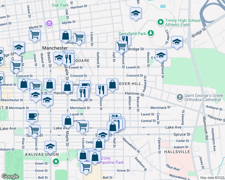 map of restaurants, bars, coffee shops, grocery stores, and more near 560 Hall Street in Manchester