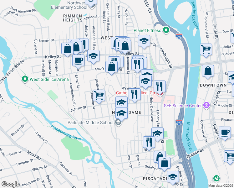 map of restaurants, bars, coffee shops, grocery stores, and more near 214 Wayne Street in Manchester