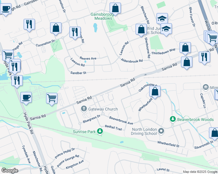 map of restaurants, bars, coffee shops, grocery stores, and more near 811 Sarnia Road in London