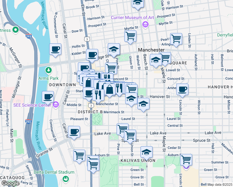 map of restaurants, bars, coffee shops, grocery stores, and more near 156 Hanover Street in Manchester