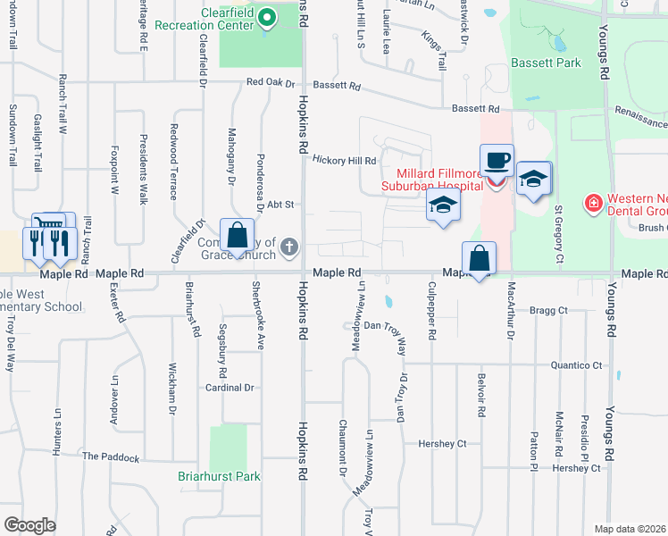 map of restaurants, bars, coffee shops, grocery stores, and more near 1350 Maple Road in Buffalo