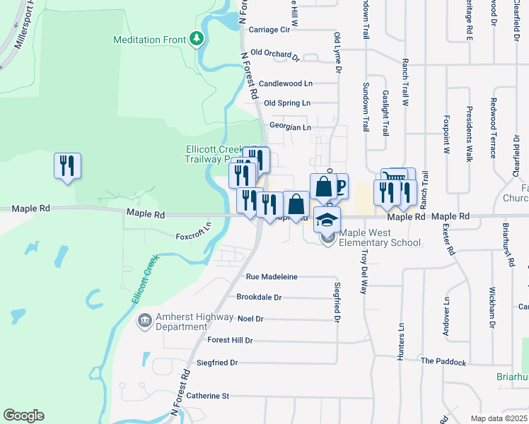 map of restaurants, bars, coffee shops, grocery stores, and more near 1325 North Forest Road in Buffalo
