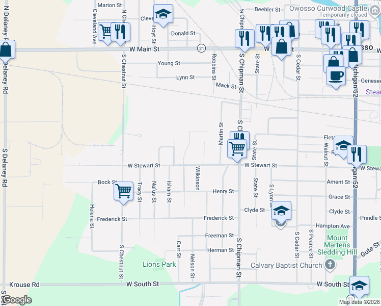map of restaurants, bars, coffee shops, grocery stores, and more near 745 Coventry Avenue in Owosso