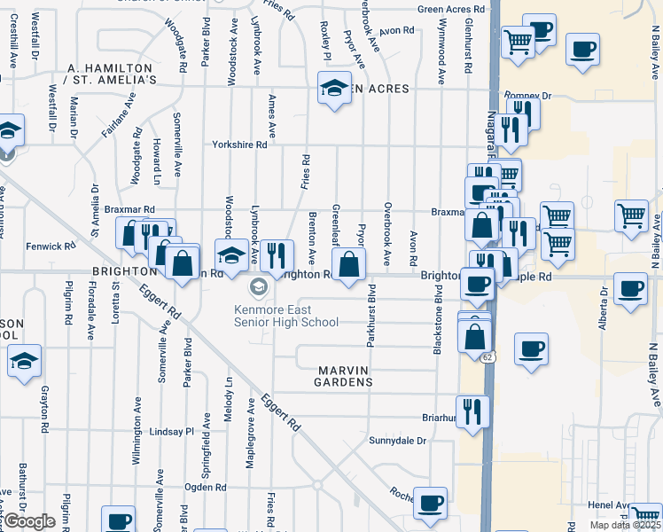 map of restaurants, bars, coffee shops, grocery stores, and more near 1152 Brighton Road in Tonawanda