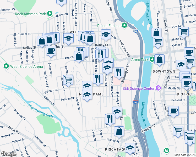 map of restaurants, bars, coffee shops, grocery stores, and more near 320 Dubuque Street in Manchester