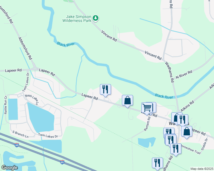 map of restaurants, bars, coffee shops, grocery stores, and more near 5614 Lapeer Road in Smiths Creek