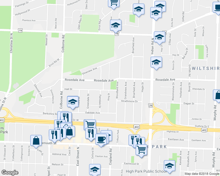 map of restaurants, bars, coffee shops, grocery stores, and more near 790 Hall Street in Sarnia