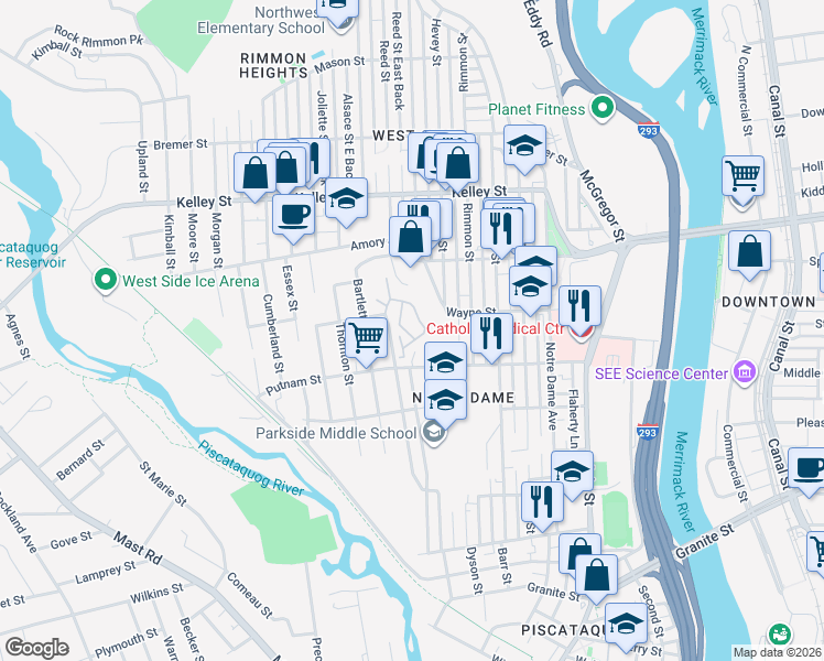 map of restaurants, bars, coffee shops, grocery stores, and more near 207 Valley West Way in Manchester
