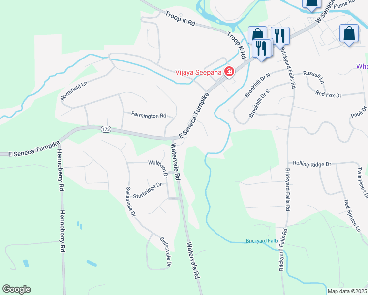 map of restaurants, bars, coffee shops, grocery stores, and more near 7674 Pinebluff Circle in Manlius