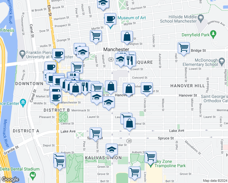 map of restaurants, bars, coffee shops, grocery stores, and more near 509 New Hampshire 28 in Manchester