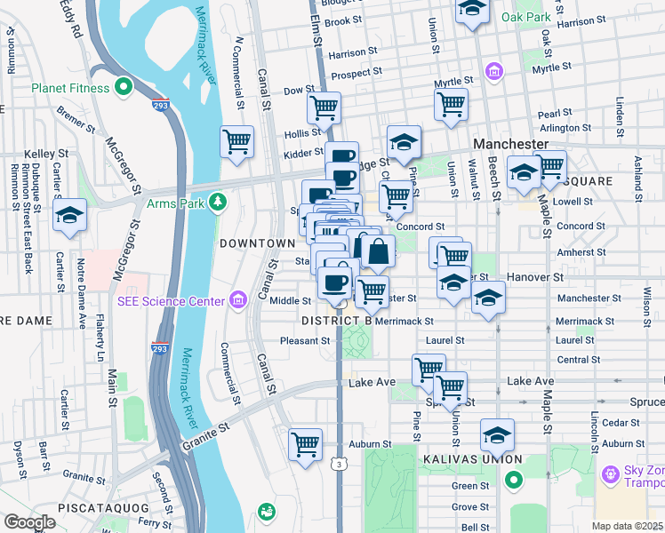 map of restaurants, bars, coffee shops, grocery stores, and more near 941 Elm Street in Manchester