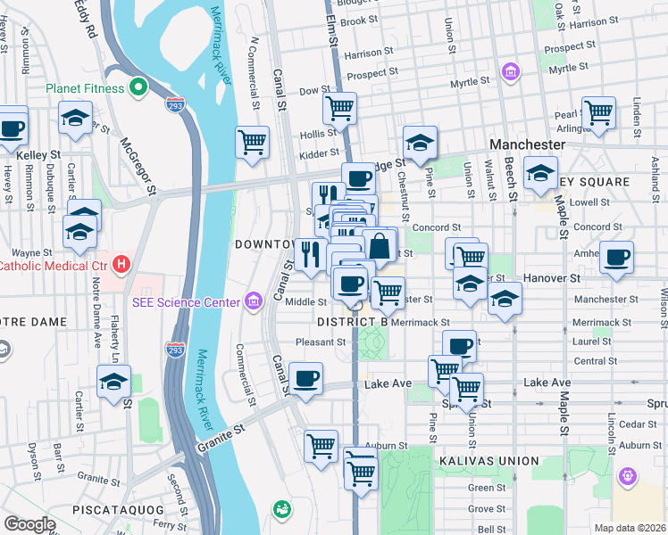 map of restaurants, bars, coffee shops, grocery stores, and more near 61 Stark Street in Manchester