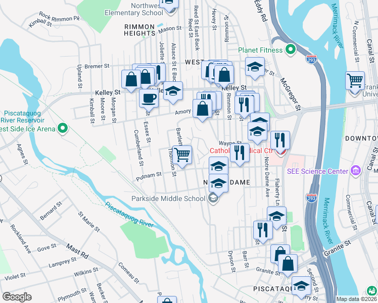 map of restaurants, bars, coffee shops, grocery stores, and more near 395 Bartlett Street in Manchester