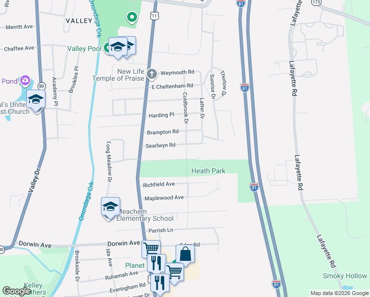 map of restaurants, bars, coffee shops, grocery stores, and more near 200 Searlwyn Road in Syracuse