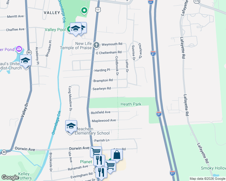 map of restaurants, bars, coffee shops, grocery stores, and more near 200 Searlwyn Road in Syracuse