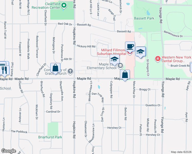 map of restaurants, bars, coffee shops, grocery stores, and more near 1380 Maple Road in Buffalo