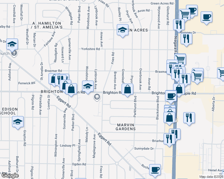 map of restaurants, bars, coffee shops, grocery stores, and more near 17 Brenton Avenue in Tonawanda