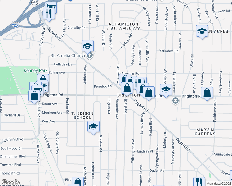 map of restaurants, bars, coffee shops, grocery stores, and more near 2840 Eggert Road in Tonawanda