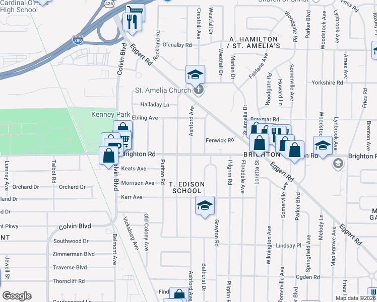 map of restaurants, bars, coffee shops, grocery stores, and more near 389 Ashford Avenue in Tonawanda